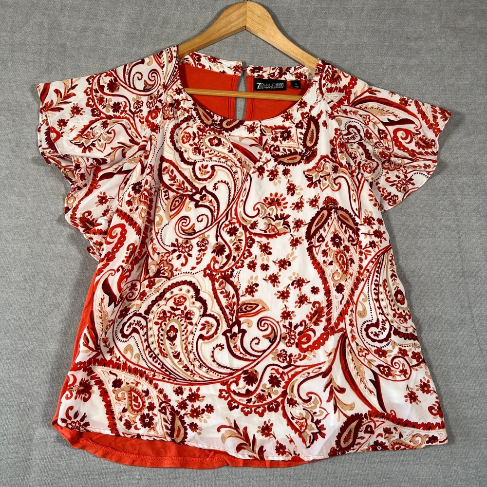 7th Avenue New York & Company Paisley Flutter Sleeve Top Womens S Orange White